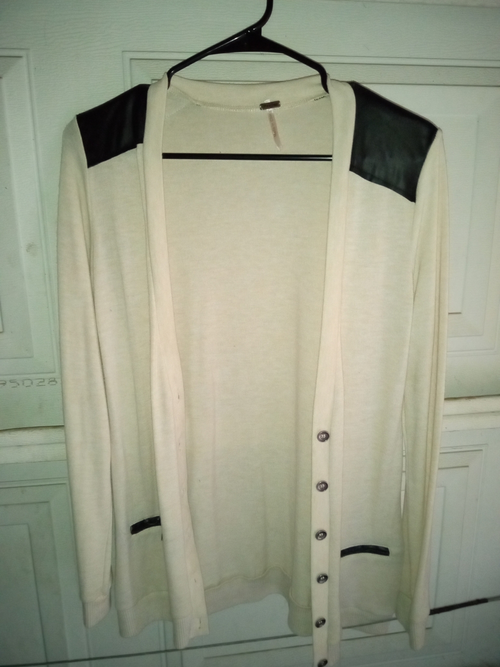 Poof! Cream Cardigan with Black Shoulder and Pocket Trim